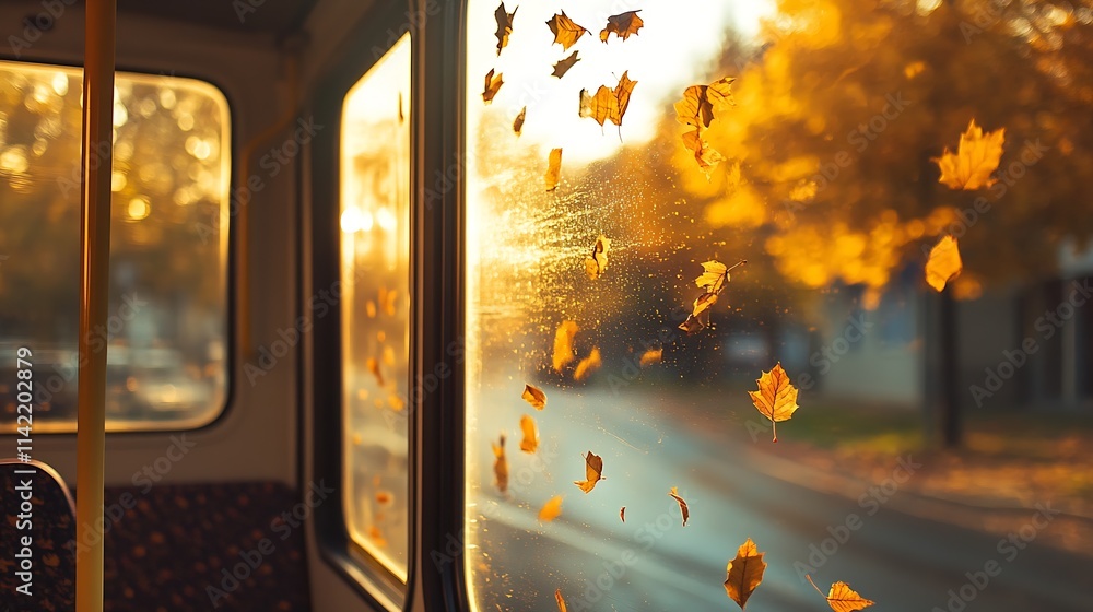 Aufkleber serene autumn views from a commuter bus window magical foliage in cityscape : generative ai