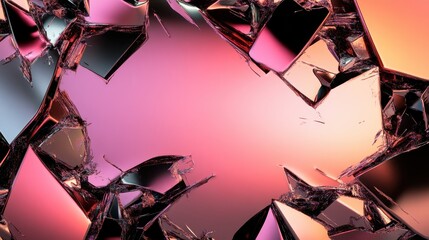 This artwork showcases an abstract arrangement of shattered glass pieces set against pink and purple gradients, evoking feelings of chaos and beauty intertwined.