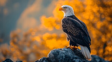 Fototapeta premium A majestic bald eagle perches regally on a rocky outcrop against a blurred mountain landscape, its detailed feathers and sharp yellow beak highlighted in dramatic golden hour lighting.