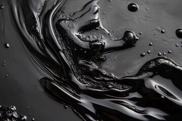 Close-up of black viscous liquid with swirling patterns and bubbles.