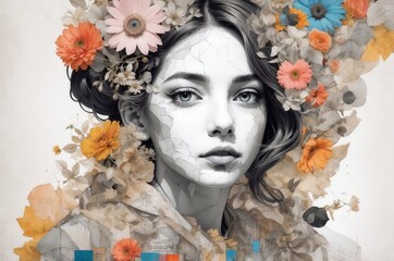 Abstract vintage trendy collage paper art of a woman with botanical flowers decoration.
