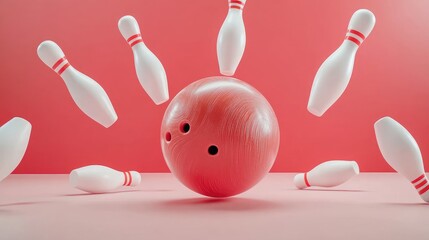 Colorful Bowling Ball Surrounded by Striking Pins on Pink Background