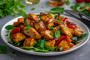 Marinated fried chicken, with fresh vegetables and sweet potatoes, captured in a vibrant style of food photography.