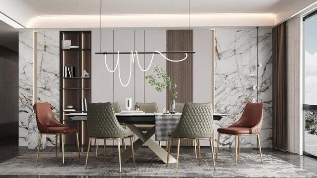 3d Render of a classical - modern dinning room with marble walls, table and chairs.