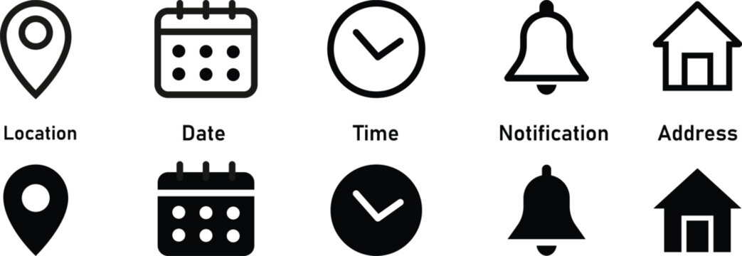 Date, time, location address, notification icon. Address location icon. Notification bell icon. Stopwatch timer icon. Date Calendar icon - Web icons set
