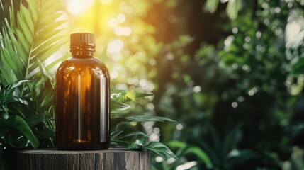 A sunlit brown glass bottle nestled among vibrant green leaves offers a serene view, reflecting natural harmony and simplicity.