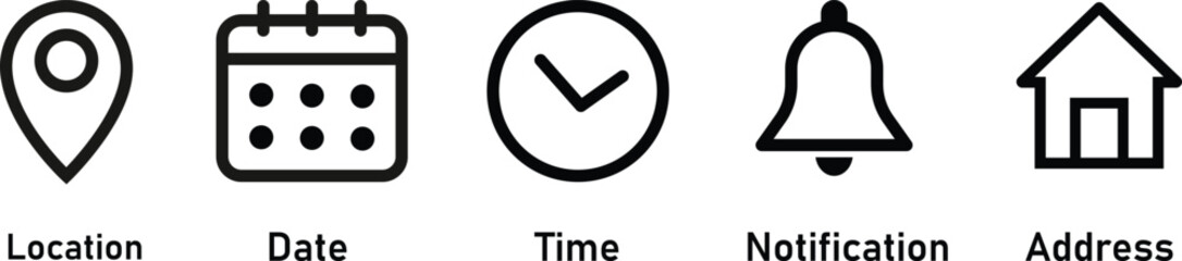 Date, time, location address, notification icon. Address location icon. Notification bell icon. Stopwatch timer icon. Date Calendar icon - Web icons set
