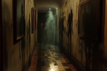 Fototapeta premium Dark hallway, shadowy figures, old frames, dusty walls.
