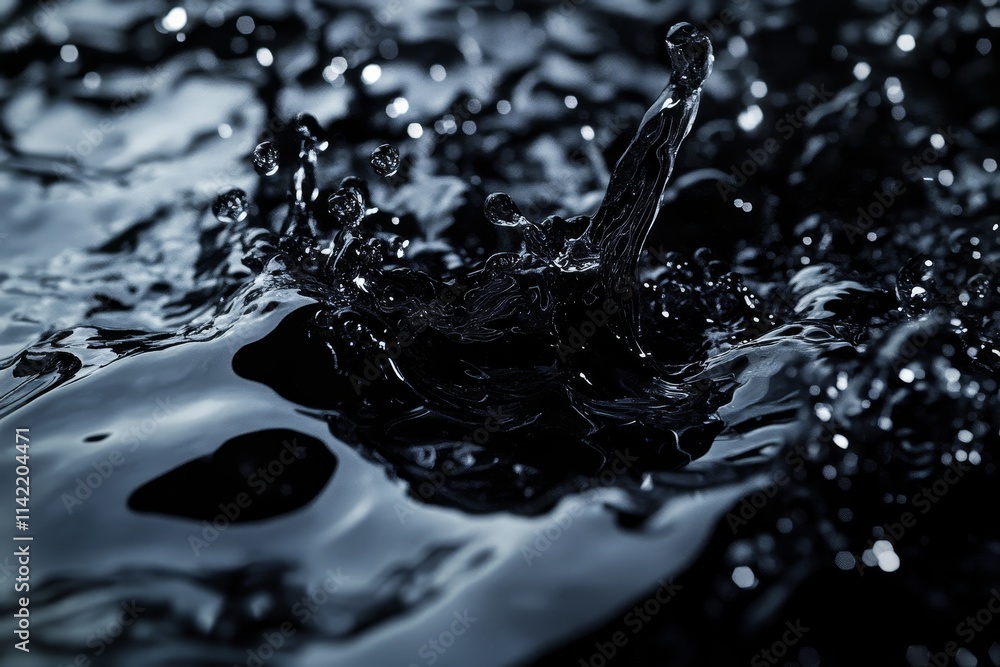 Poster dark liquid splash, close-up view showing texture and movement.