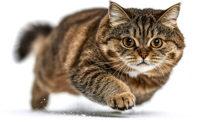 Tabby cat running on white background.