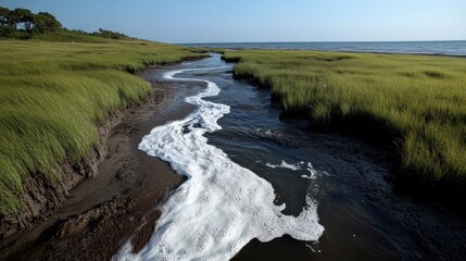 A flowing river with white foam weaves through lush green marshlands towards the ocean, illustrating the beauty and complexity of natural ecosystems and cycles.