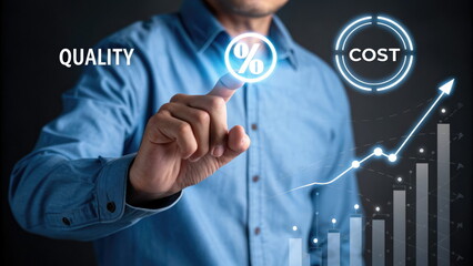 Obraz premium Professional analyzing quality and cost with percentage icons and data growth