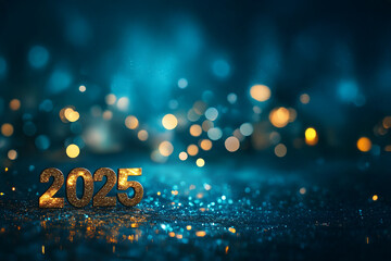 "2025" en chiffres dorés avec effet bokeh lumineux sur fond bleu scintillant, espace négatif copyspace, ambiance festive et élégante pour le Nouvel An et les fêtes de fin d'année