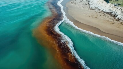 A vivid shoreline where a distinct band of rich brown water meets vibrant blue sea, highlighting the contrasting colors and textures along the sandy coast.