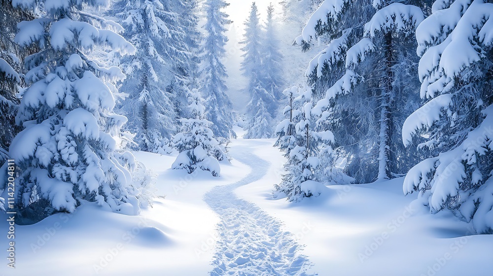 Poster serene snowy pathway surrounded by snow-laden trees in winter forest : generative ai