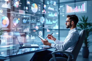 Professional reviewing analytical data charts on a digital displ