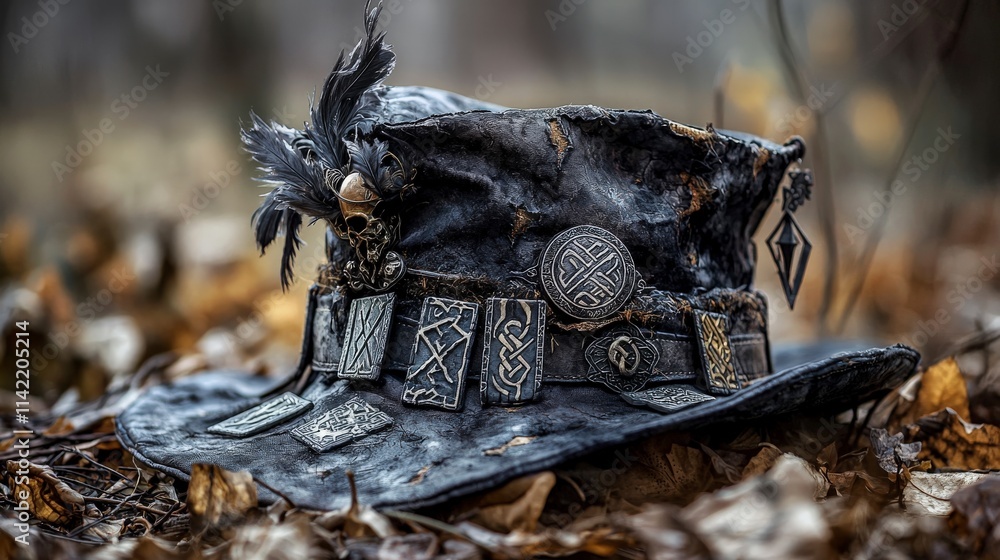 Poster enchanted hat with runes enchanted forest fantasy item mystical setting close-up view magical protec