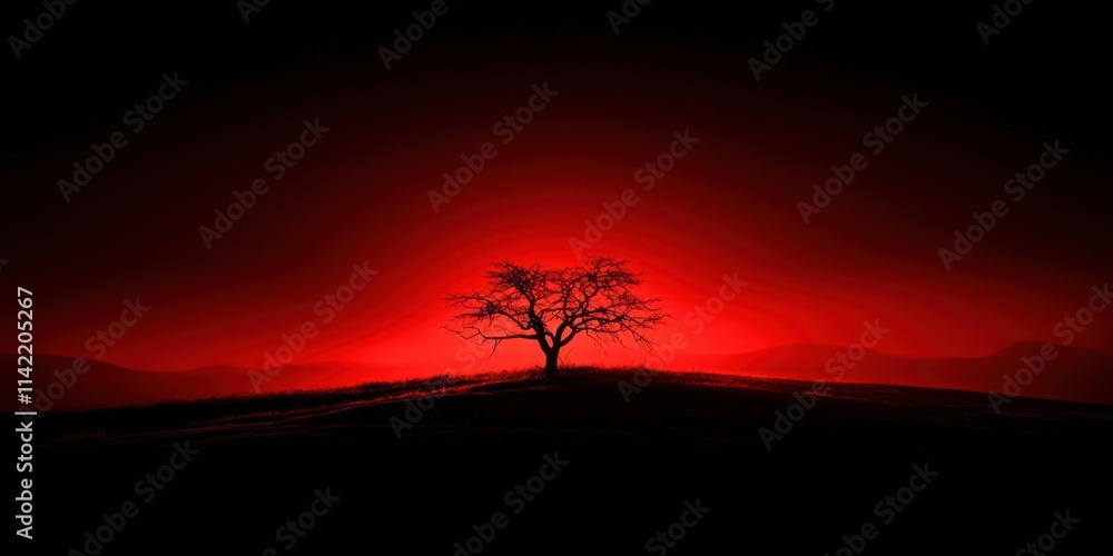 Poster Tree is standing in a field of red grass