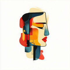 Obraz premium Abstract modern illustration of a face in profile, made up of geometric shapes and vibrant colors like blue, red, and yellow