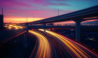 Obraz premium Dynamic Time-Lapse Photo of the Freeway. High Speed Concept Image at Dusk.