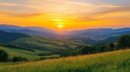 Obraz premium Majestic Sunset Casting Golden Light Over Rolling Hills and Misty Valley : Generative AI