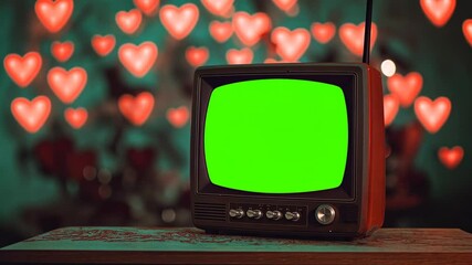 Vintage television showing green screen with romantic background