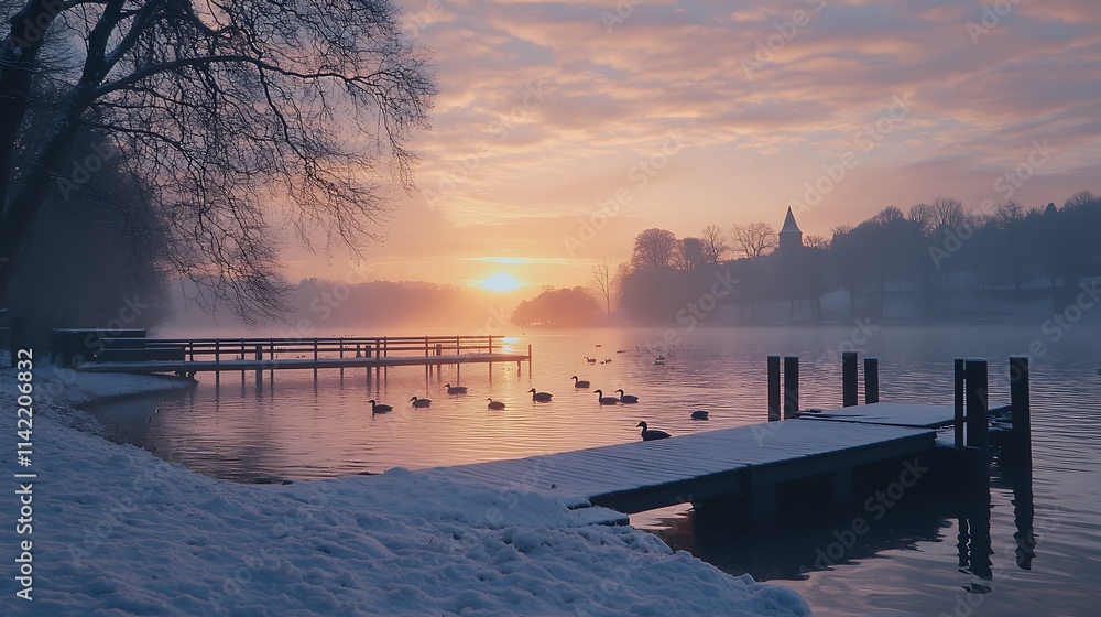 Poster Sunset Glow on Snowy Lake with Ducks and Foggy Atmosphere : Generative AI