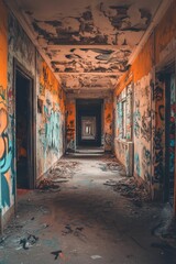 Graffiti-covered, decaying hallway;  ruined, desolate interior.