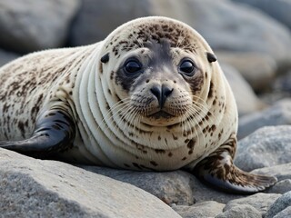 Fototapeta premium portrait of baby fur seal on rocks in sea with big sad eyes on earth day