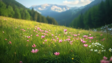 Obraz premium Picturesque Alpine Meadow with Pink Blossoms and Majestic Mountain Range : Generative AI