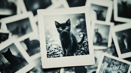 A delightful collage of curious cats in BW polaroid portraits, showing their playful nature and diverse poses. Created with Generative AI