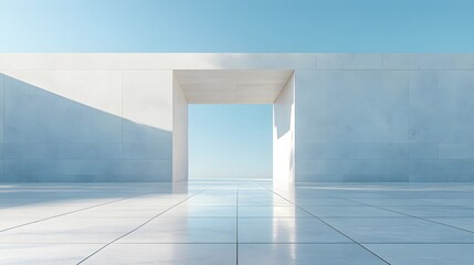 Obraz premium A minimalist white concrete wall stands under a blue sky, its geometric simplicity and pristine marble floor reflecting contemporary architectural design in bright daylight.