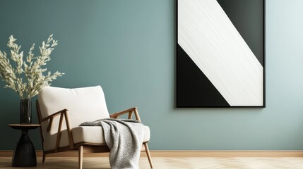 A chic seating arrangement featuring a plush armchair complemented by a stylish decorative vase filled with white flowers and a large abstract black and white artwork.