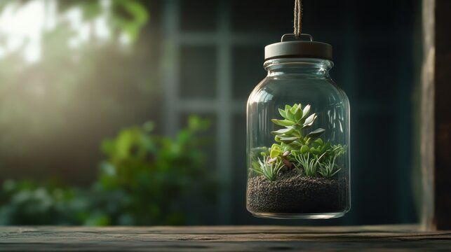 A rustic vintage jar repurposed into a fascinating terrarium adorned with diverse succulents. Bathing in gentle light, it adds an artistic touch to any tabletop decor.