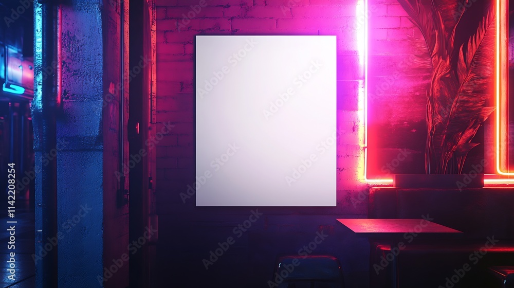 Poster urban scene with vibrant neon lights and blank canvas for creative display in contemporary setting :