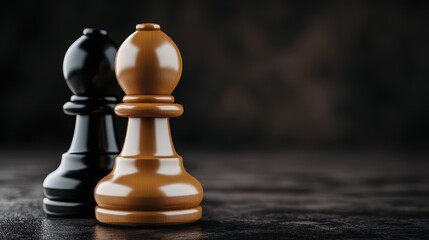 A pair of black and brown wooden chess pawns is set dramatically against a dark, sophisticated backdrop, evoking timeless themes of strategic preparation.