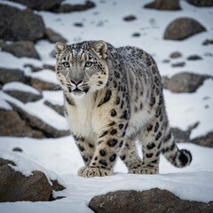 Obraz premium A snow leopard prowling through rocky terrain dusted with fresh snow.