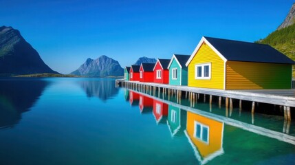 A stunning view of the Lofoten Islands, with dramatic jagged peaks, colorful fishing cabins on stilts