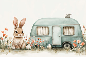 Charming watercolor illustration of a cute bunny near a retro camper van, surrounded by pink blooms and verdant foliage