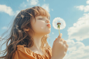 girl, dandelion, blowing, wish, sky, blue, wind, A girl with a dandelion in her hands, blowing its seeds and making a wish under a bright blue sky, youthful freedom, summer holidays