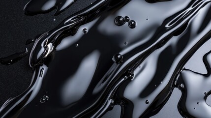 A glossy, black liquid flows in a dynamic, wavy pattern, featuring bright reflections and smooth, watery textures, creating a modern and elegant visual impression.