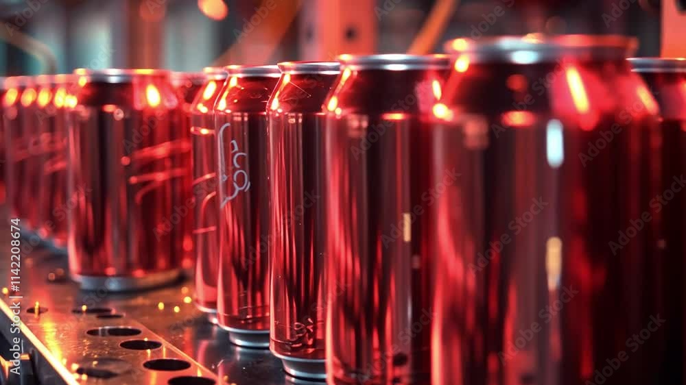 Poster this brightly lit production area features rows of shiny red soda cans being filled and processed.