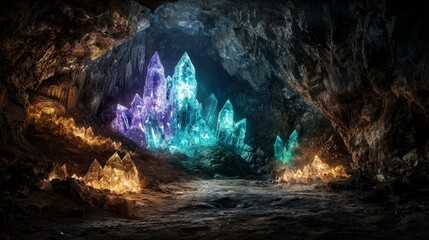 Fototapeta premium Discovering a majestic underground cave filled with massive glowing crystals and mystical views