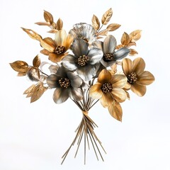 A bouquet of flowers made from metal, in shades of gold and silver, against a white background.