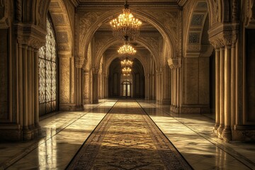 Fototapeta premium Ornate hallway, marble floor, arched ceilings, hanging lights.