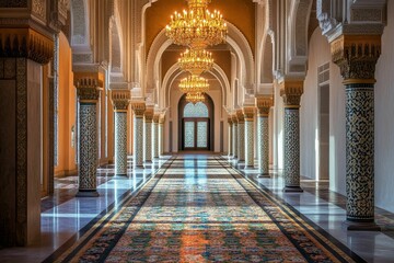 Obraz premium Ornate hallway, patterned floor, columns, chandelier.