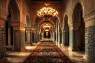 Obraz premium Ornate hallway, arched entryways, chandelier-lit, marble floor.