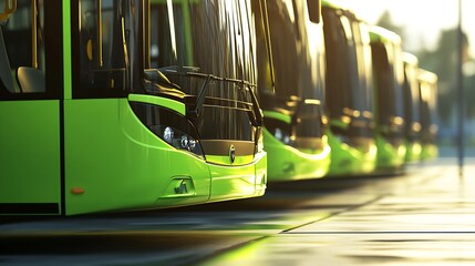 Modern Green City Buses Aligned at Urban Depot Awaiting Daily Public Transit : Generative AI