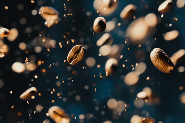 Coffee beans falling in mid-air with a blurred background in dark tones at an abstract angle