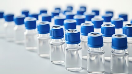 Row of laboratory vials with blue caps on a white background